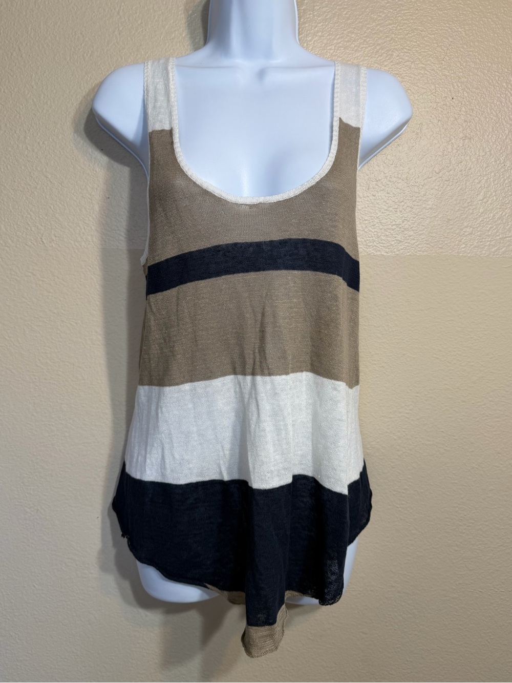 ENZA COSTA 100% Linen Striped Loose Tank Top Knit Cream Brown Sleeveless Sz XS
